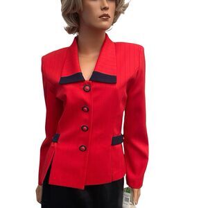 Red Blazer Jacket Women Sz 10 Fitted Black Vtg Made USA New York Pin Stripe